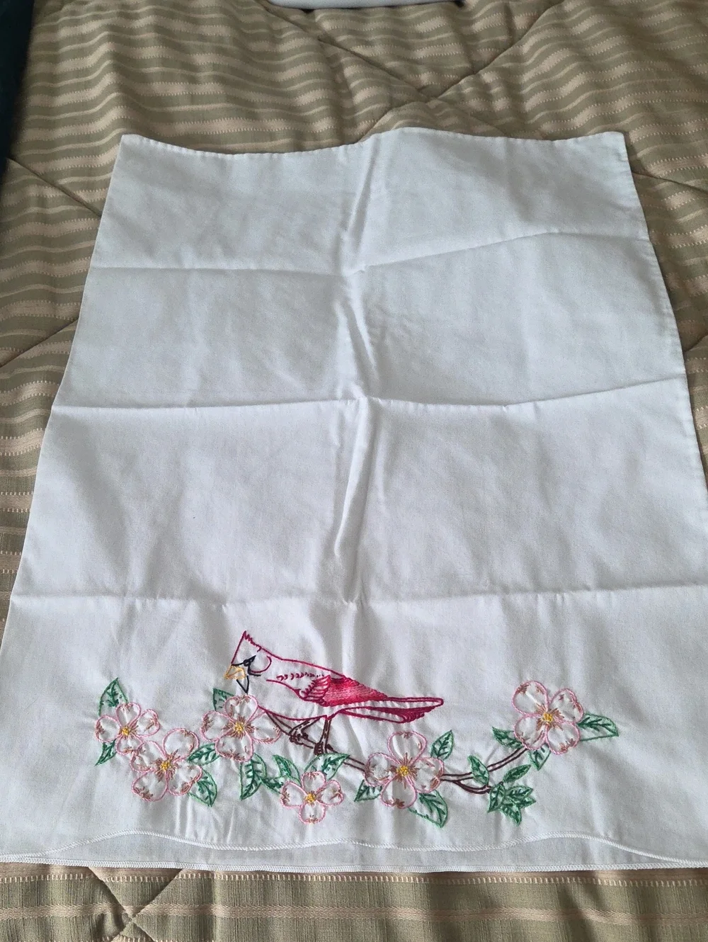 Hand Embroidered Bird & Floral White Standard Pillow Cases Vintage